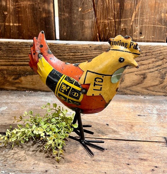 Primitive Farmhouse Recycled Metal 9" Yellow Chicken Figurine - The Primitive Pineapple Collection