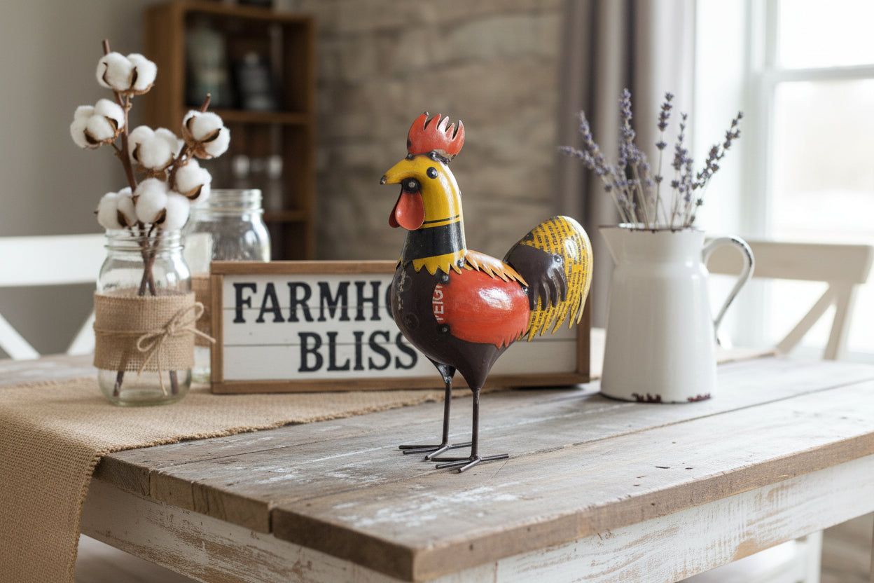 Primitive Farmhouse Recycled Metal 12.75" Yellow Rooster Figurine - The Primitive Pineapple Collection