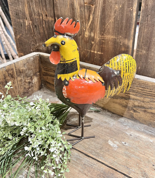 Primitive Farmhouse Recycled Metal 12.75&quot; Yellow Rooster Figurine