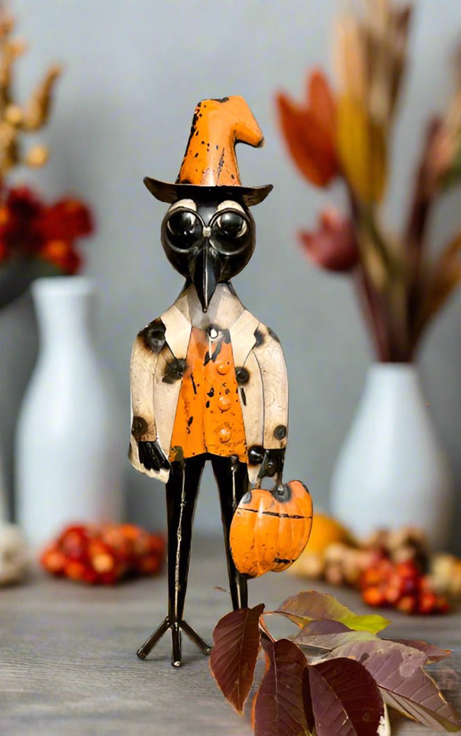 Primitive Halloween Fall Recycled Metal Black Randy Crow w/ Pumpkin 12.5" - The Primitive Pineapple Collection