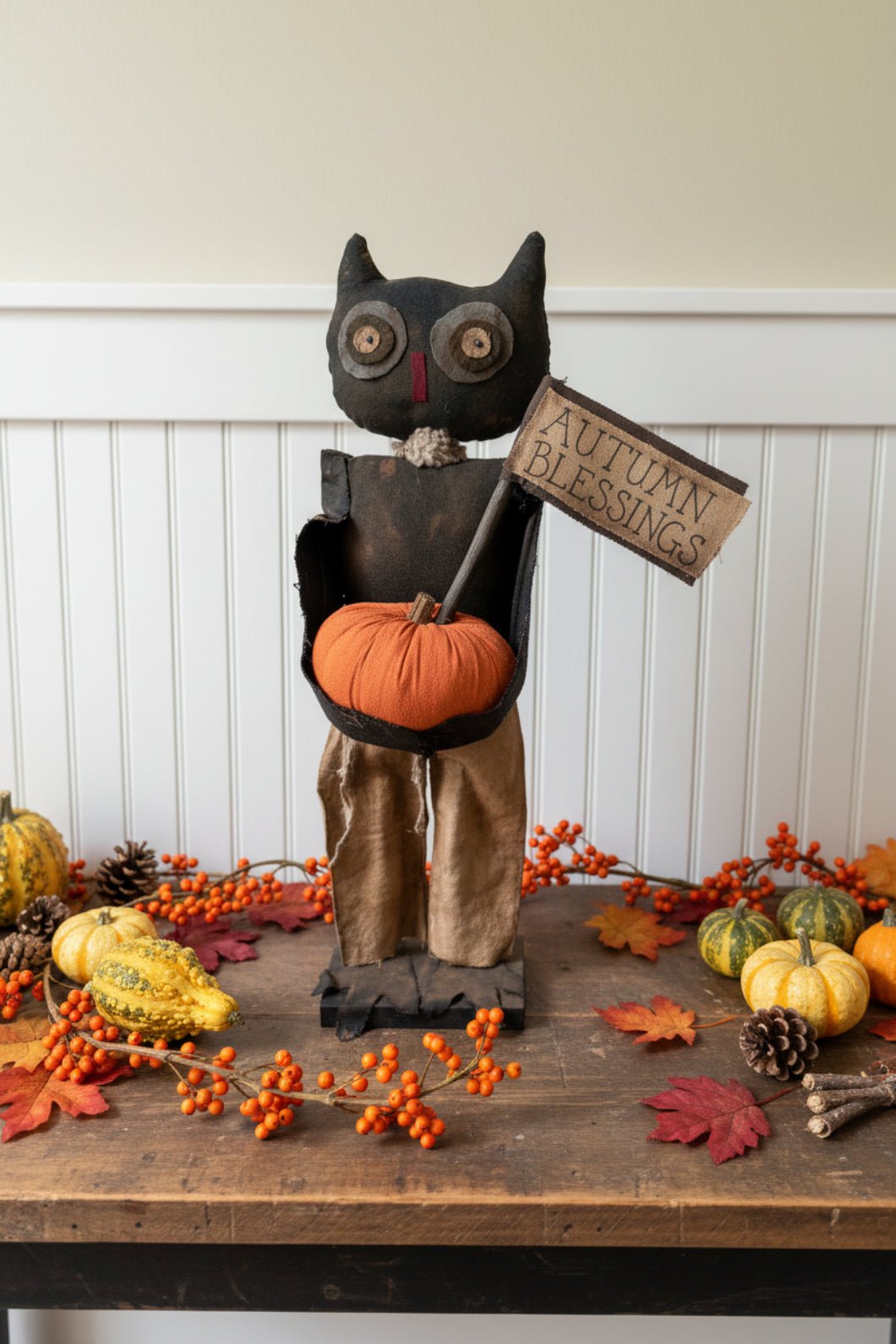 Handcrafted Halloween Thanksgiving 21" Mr Hoot Owl Doll on Stand - The Primitive Pineapple Collection