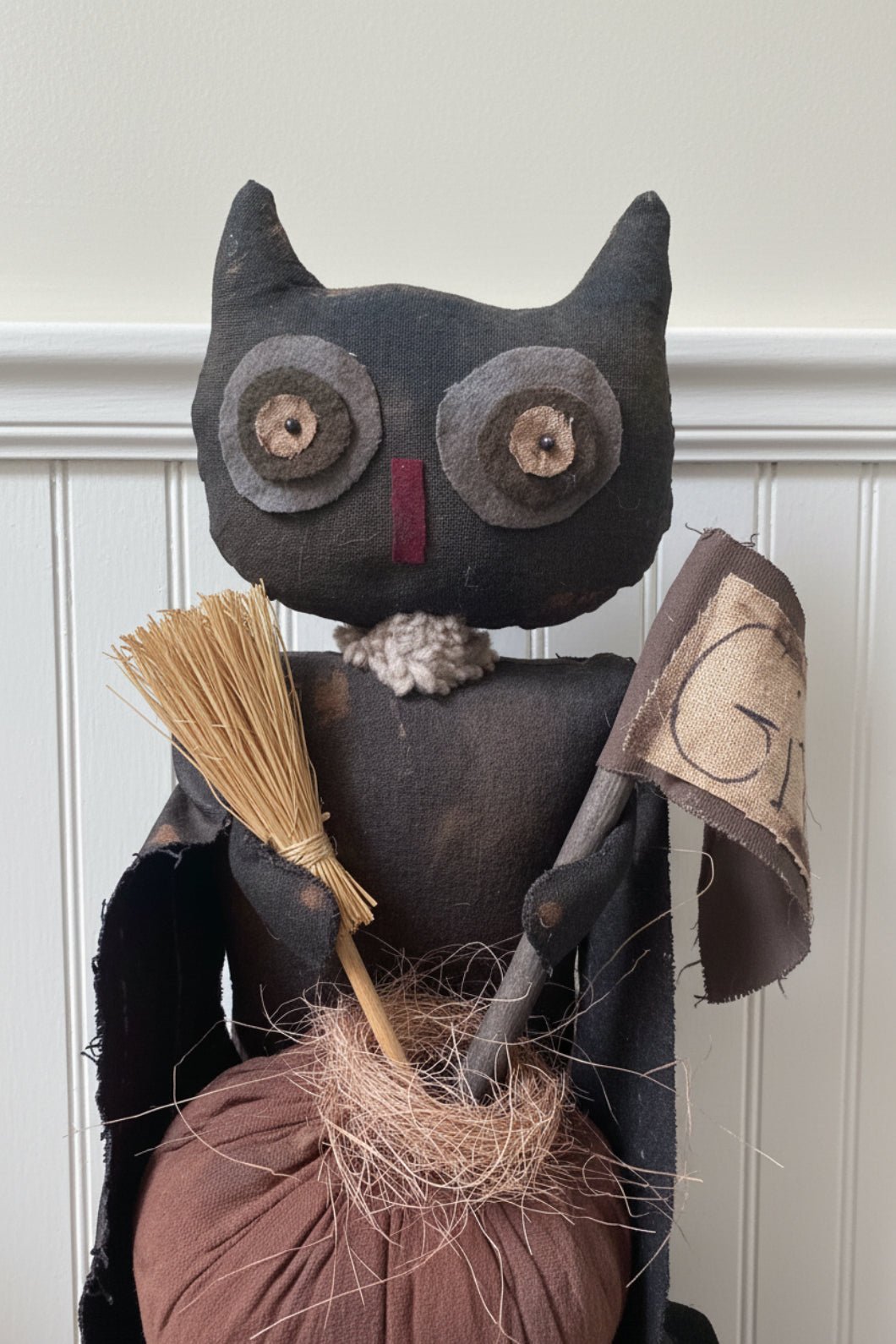 Handcrafted Halloween Thanksgiving 21" Mr Hoot Owl Doll on Stand - The Primitive Pineapple Collection