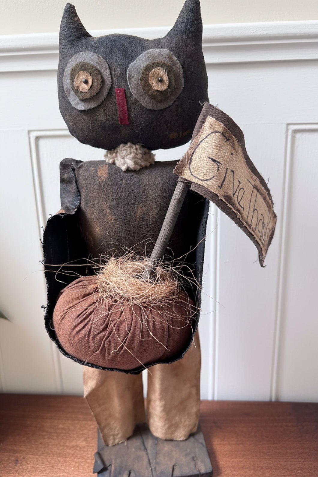 Handcrafted Halloween Thanksgiving 21" Mr Hoot Owl Doll on Stand - The Primitive Pineapple Collection