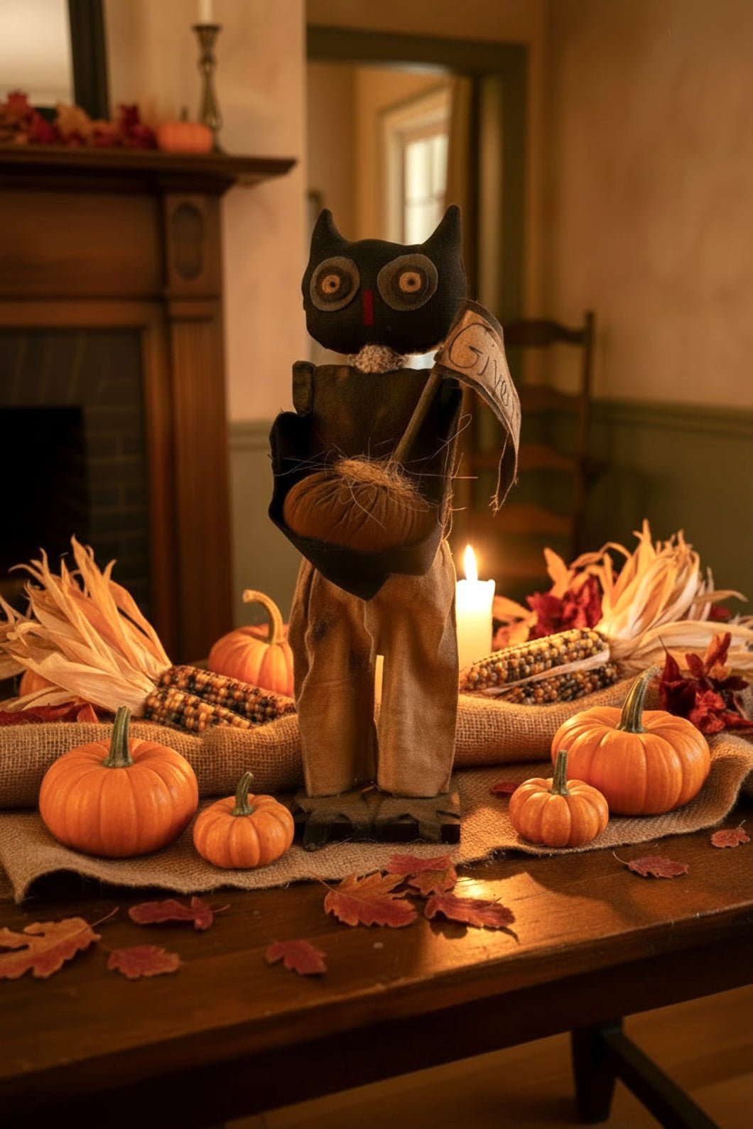 Handcrafted Halloween Thanksgiving 21" Mr Hoot Owl Doll on Stand - The Primitive Pineapple Collection