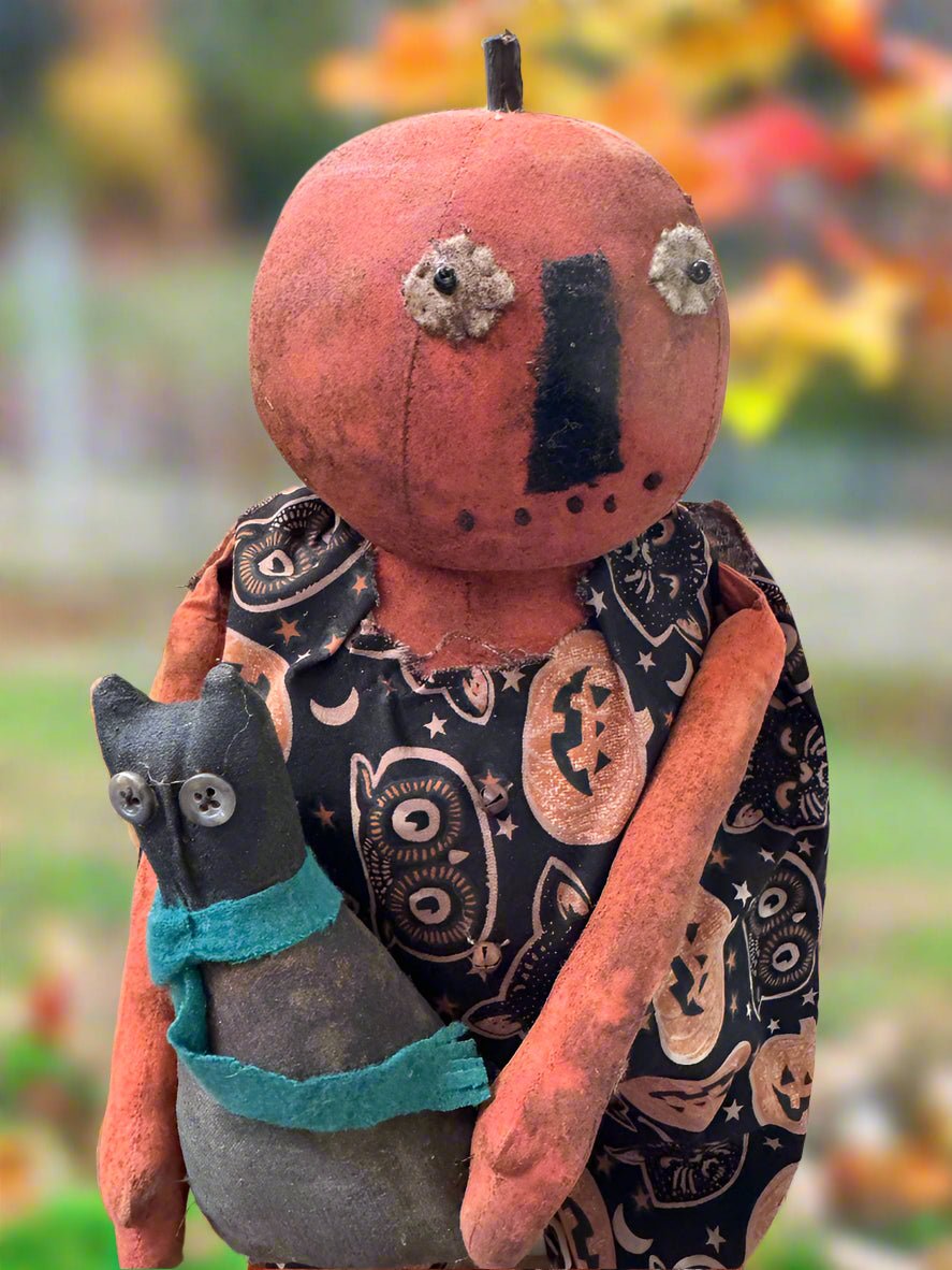Handcrafted by Michelle Halloween Mr Pumpkin Man Doll w/ Cat - The Primitive Pineapple Collection