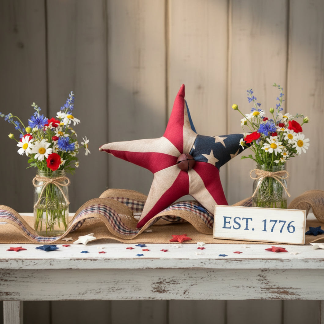 Primitive Handcrafted Americana 10" Flag Star w/ Bell - The Primitive Pineapple Collection