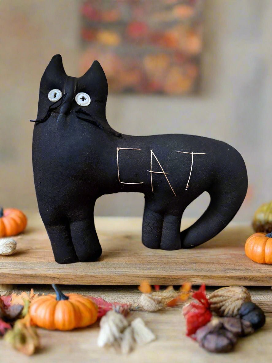 Primitive Handcrafted USA Halloween 9”Black Cat Shelf Sitter - The Primitive Pineapple Collection