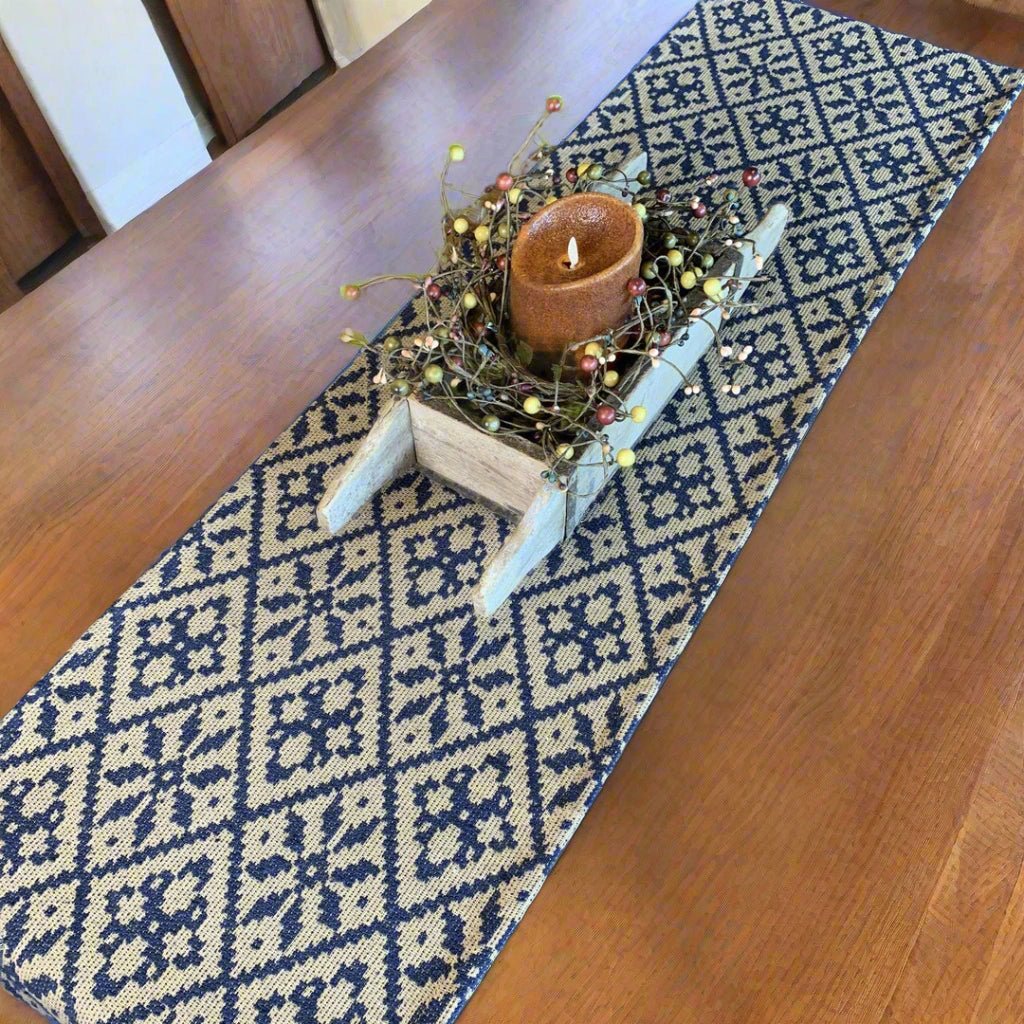 Primitive Morning Meadow Navy/Tan Long Runner 56" - The Primitive Pineapple Collection