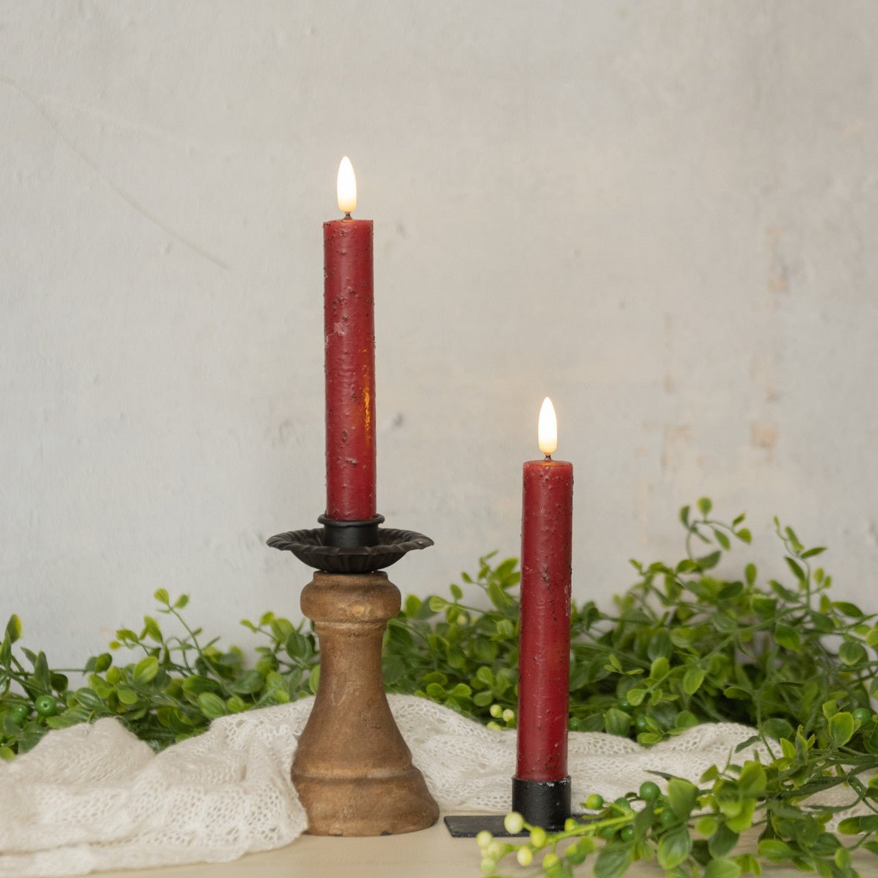 Primitive Country 7" 3D Flame 2 pc Red Flicker Taper Candle 6hr timer - The Primitive Pineapple Collection