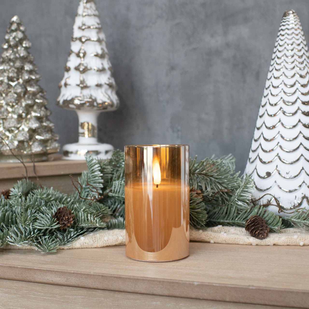 Primitive Ragon House 5" Glass Champagne 3D Flame Battery Candle 6hr Timer - The Primitive Pineapple Collection