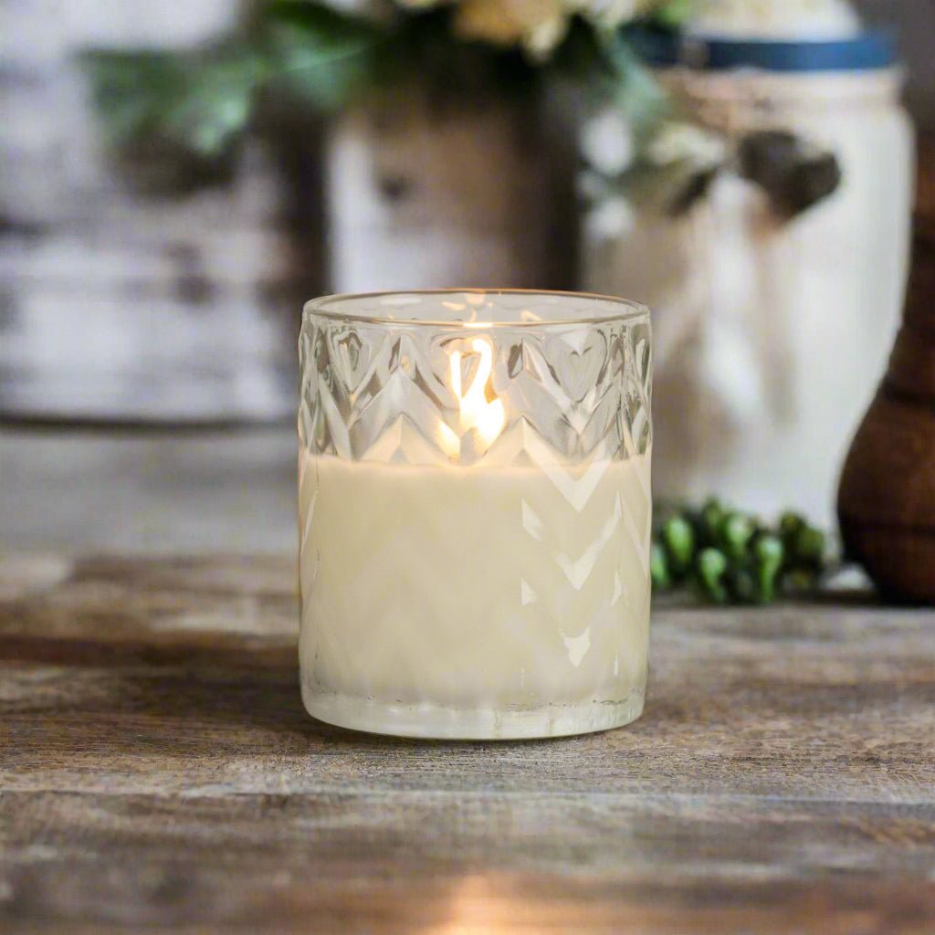 Primitive Ragon House 4" Chevron Glass Jar 3D Flame Battery Candle 6hr Timer - The Primitive Pineapple Collection