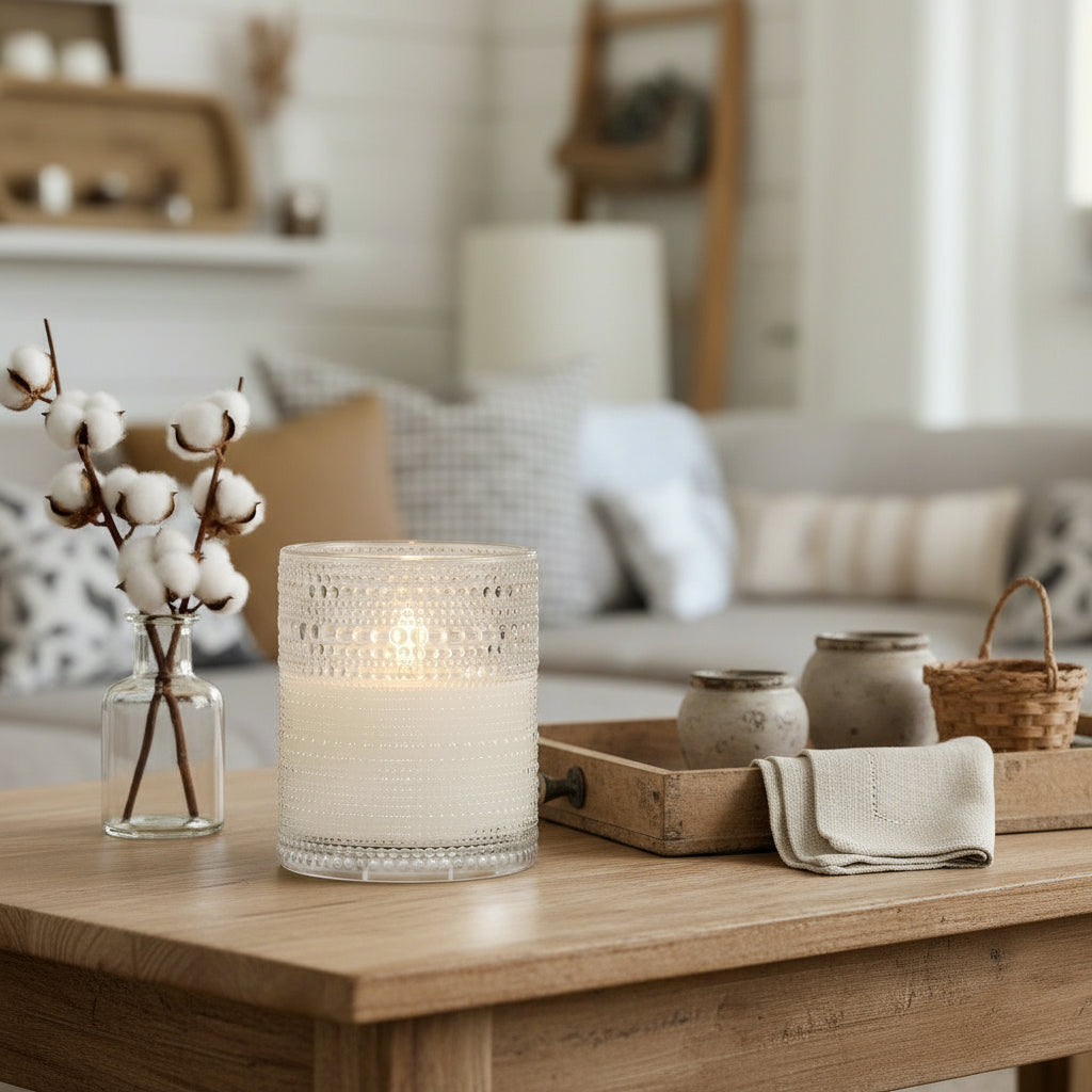 Primitive Ragon House 5" Dotted Glass Jar 3D Flame Battery Candle 6hr Timer - The Primitive Pineapple Collection