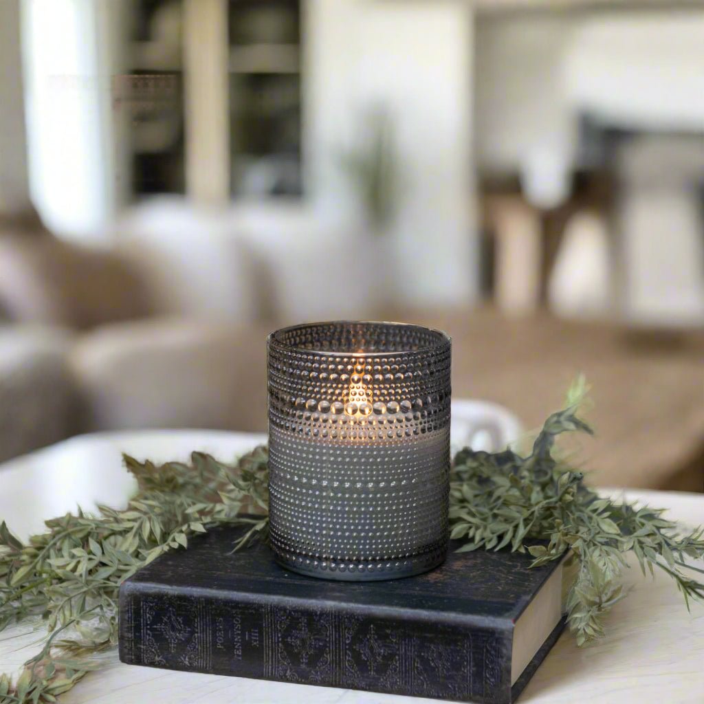 Primitive Ragon House 5" Gray Dotted Glass Jar 3D Flame Battery Candle 6hr Timer - The Primitive Pineapple Collection