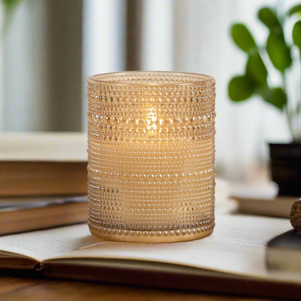 Primitive Ragon House 3.25" Champagne Dotted Glass Jar 3D Flame Battery Candle 6hr Timer - The Primitive Pineapple Collection