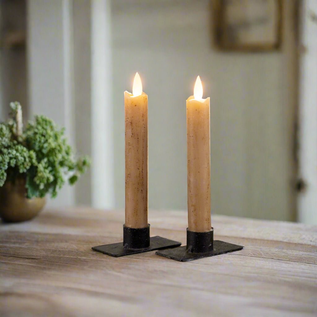 Primitive Country 6.75" Moving Flame 2 pc Beige Flicker Taper Candle 6hr timer - The Primitive Pineapple Collection
