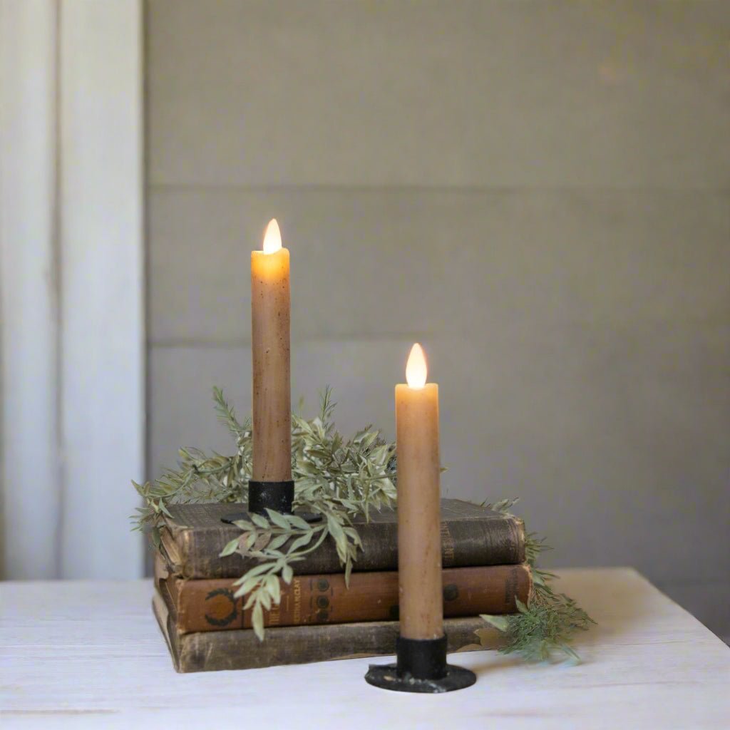 Primitive Country 6.75" Moving Flame 2 pc Beige Flicker Taper Candle 6hr timer - The Primitive Pineapple Collection