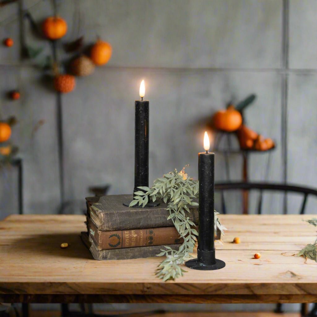 Primitive Country 7.25" 3D Flame 2 pc Black Flicker Taper Candle 6hr timer - The Primitive Pineapple Collection