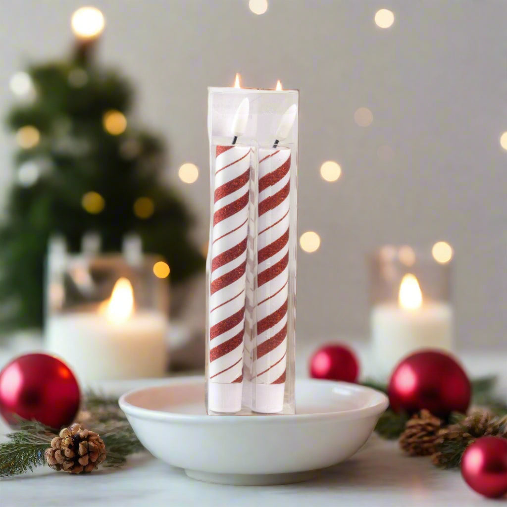 Ragon House Christmas 6.75" 3D Flame 2 pc Candy Cane Flicker Taper Candle 6hr timer - The Primitive Pineapple Collection