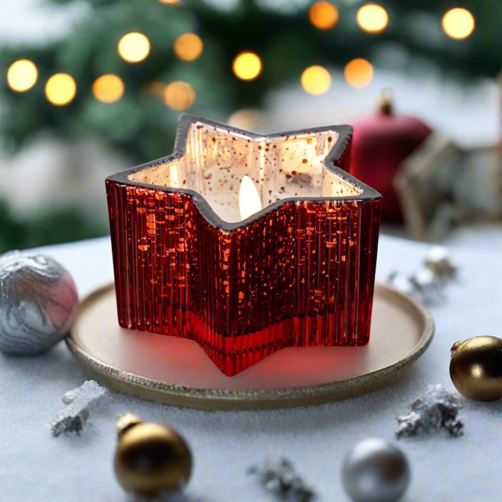 Christmas Ragon House 4.5" Red Mercury Glass Star 3D Flame Battery Candle 6hr Timer - The Primitive Pineapple Collection