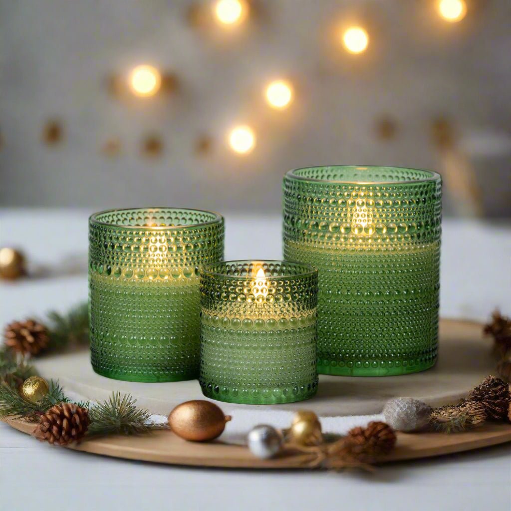 Primitive Ragon House 3.25" Pine Green Dotted Glass Jar 3D Flame Battery Candle 6hr Timer - The Primitive Pineapple Collection