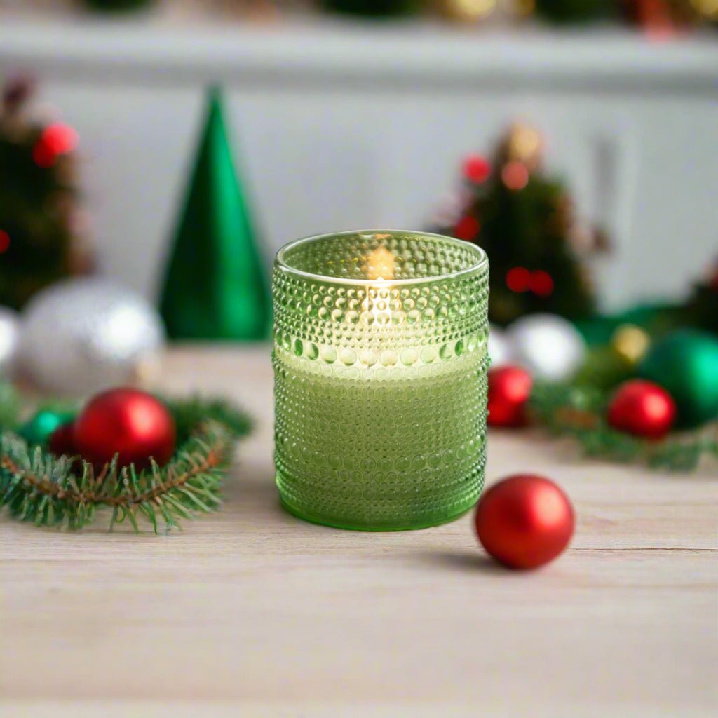 Primitive Ragon House 4" Pine Green Dotted Glass Jar 3D Flame Battery Candle 6hr Timer - The Primitive Pineapple Collection