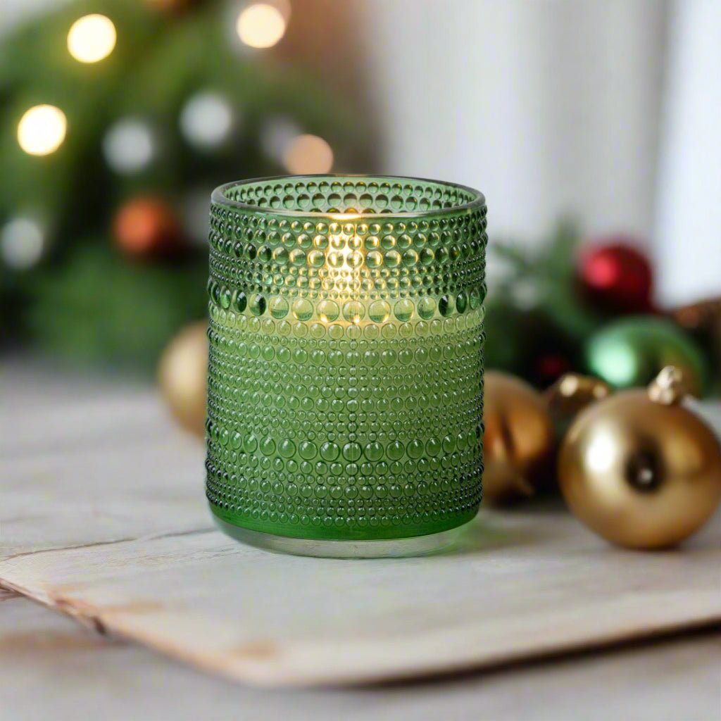 Primitive Ragon House 4" Pine Green Dotted Glass Jar 3D Flame Battery Candle 6hr Timer - The Primitive Pineapple Collection