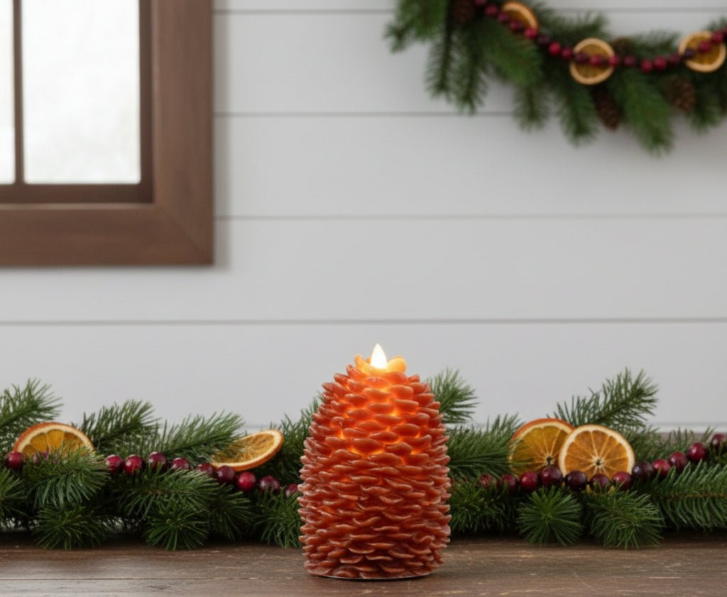 Primitive Farmhouse Flameless Bronze Moving Wick 6" Pinecone Candle - The Primitive Pineapple Collection