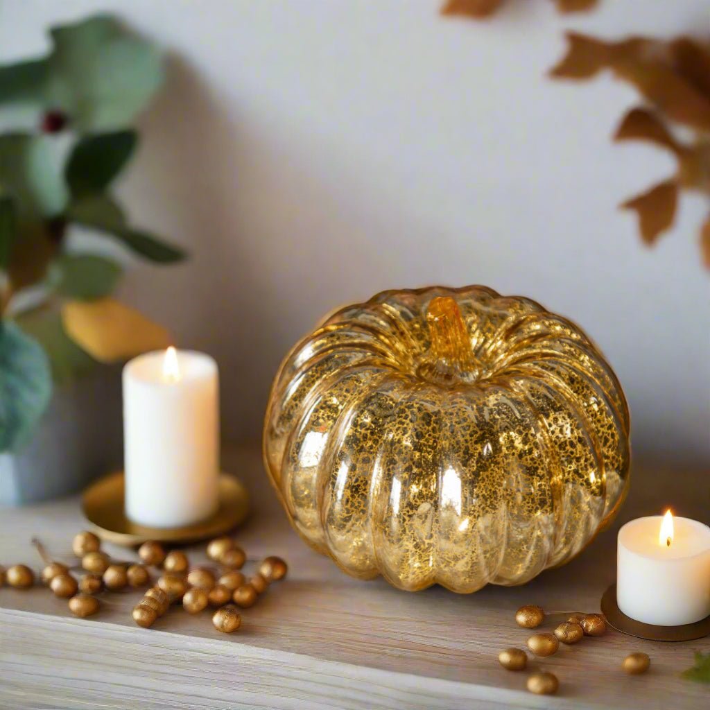 Ragon House Fall Halloween 5" Gold Crackle Glass LED Pumpkin Candle w/ Timer - The Primitive Pineapple Collection