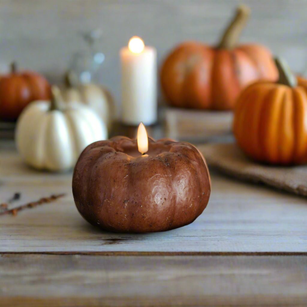 Ragon House Fall Halloween 3.5" Bronze Short Pumpkin Candle w/ Timer - The Primitive Pineapple Collection
