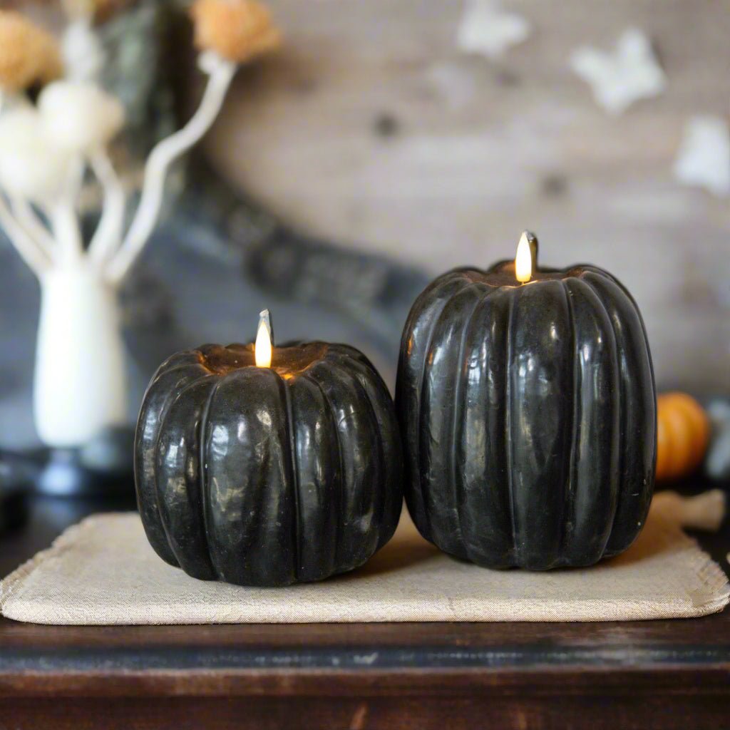 Ragon House Fall Halloween 5" Black 3D Flame Pumpkin Candle w/ Timer - The Primitive Pineapple Collection
