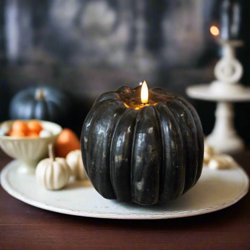 Ragon House Fall Halloween 5" Black 3D Flame Pumpkin Candle w/ Timer - The Primitive Pineapple Collection