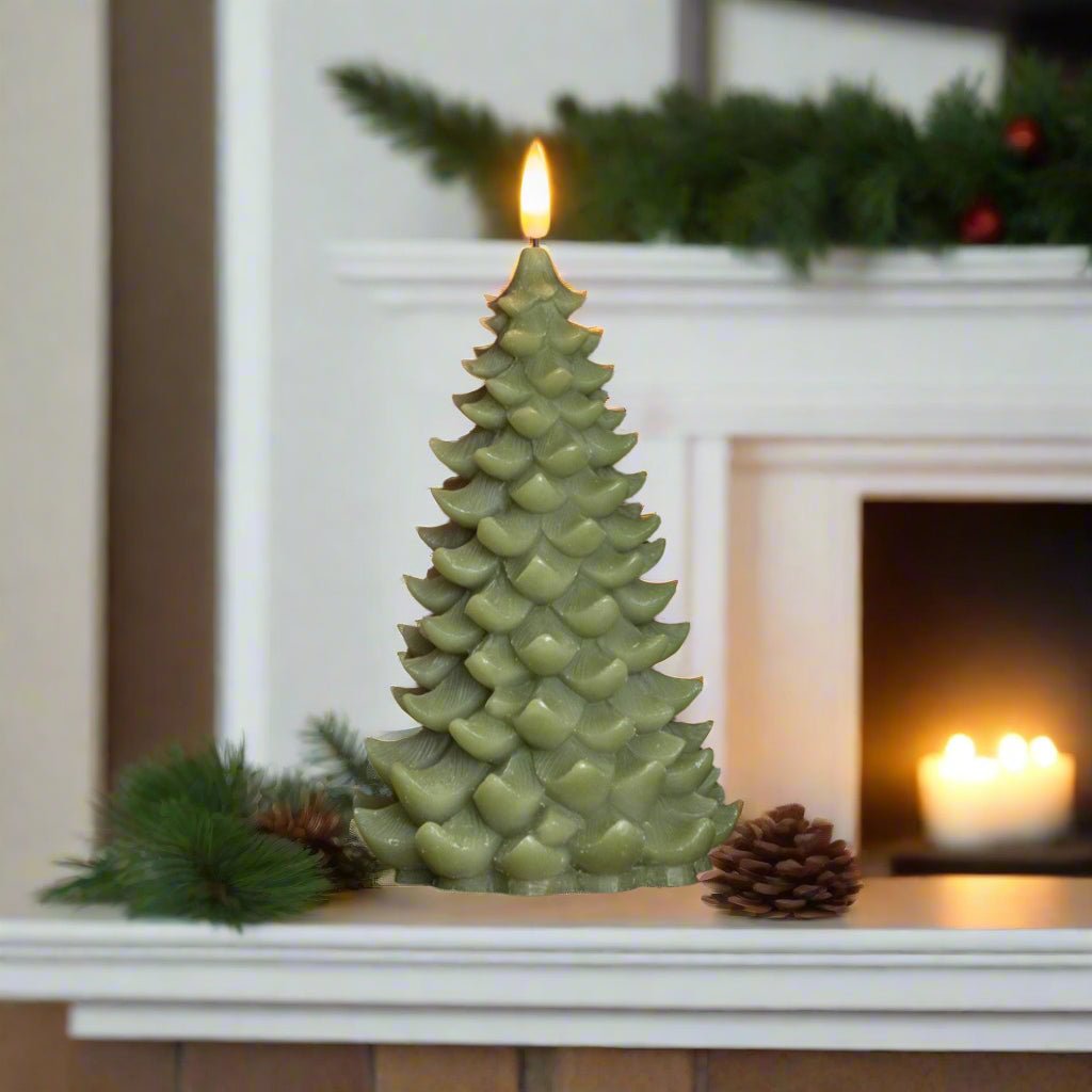 Primitive Christmas Ragon House 8" Dark Green 3D Flame Balsam Tree Candle w/ Timer - The Primitive Pineapple Collection