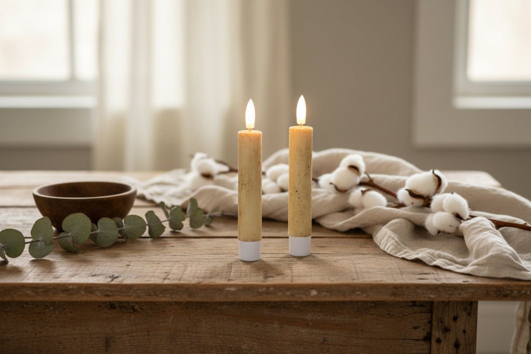 Ragon House 5.75" 3D Flame 2 pc Cream Flicker Taper Candle 6hr timer - The Primitive Pineapple Collection