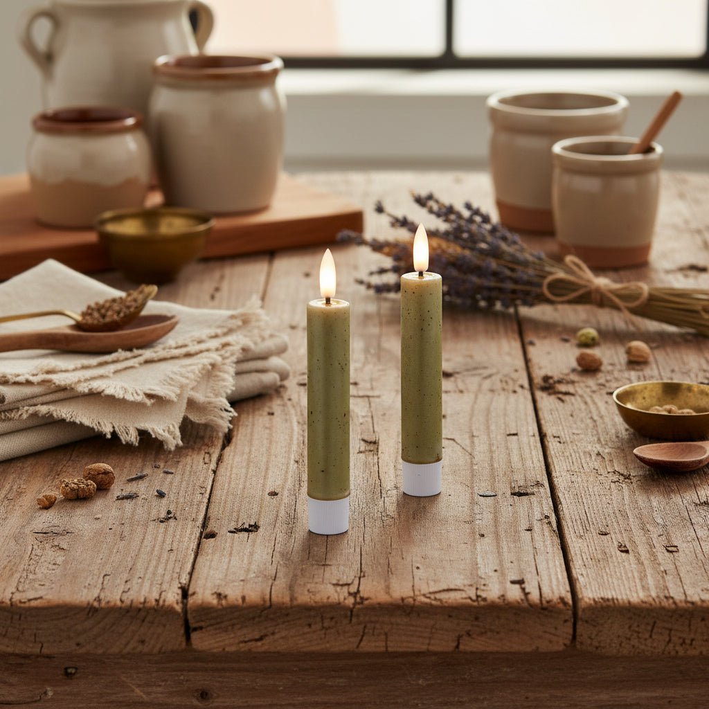 Ragon House 5.75" 3D Flame 2 pc Green Flicker Taper Candle 6hr timer - The Primitive Pineapple Collection