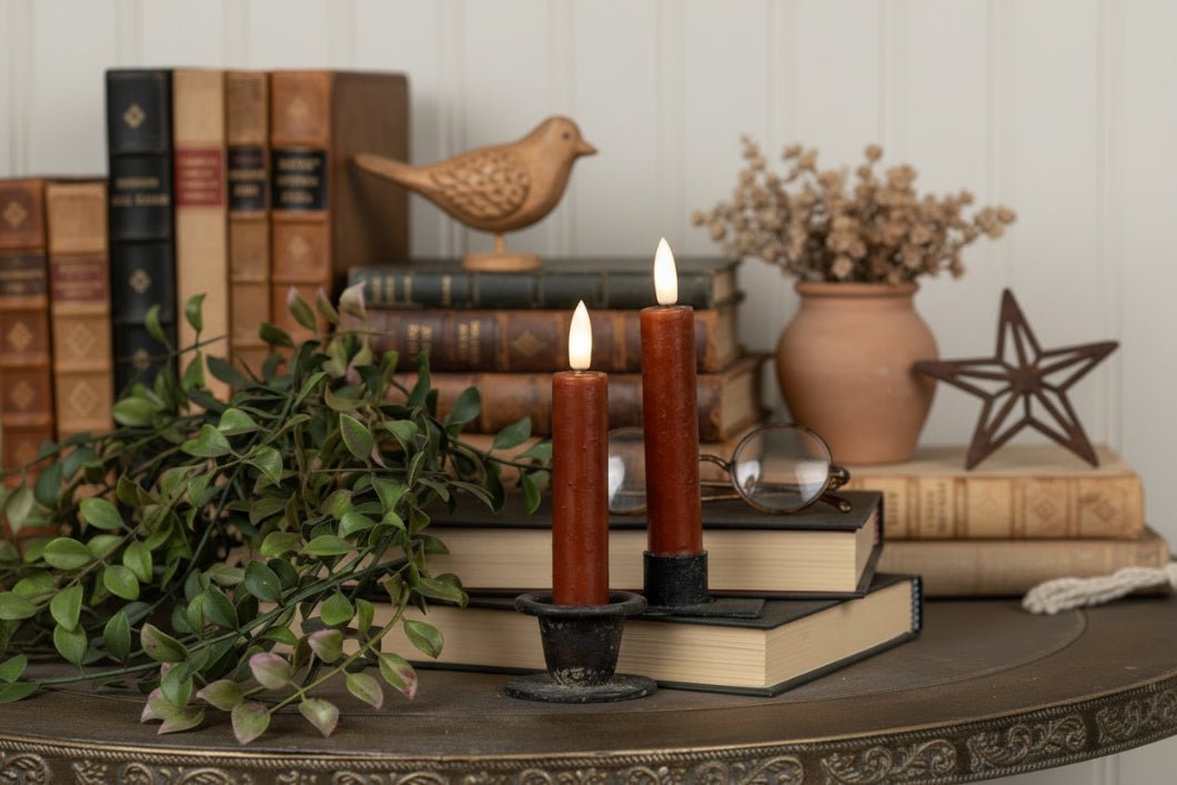 Ragon House 5.75" 3D Flame 2 pc Bronze Flicker Taper Candle 6hr timer - The Primitive Pineapple Collection