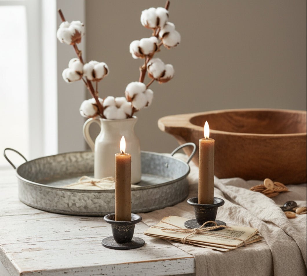Ragon House 5.75" 3D Flame Beige Taper Candles - 2 pc Set with 6hr Timer - The Primitive Pineapple Collection