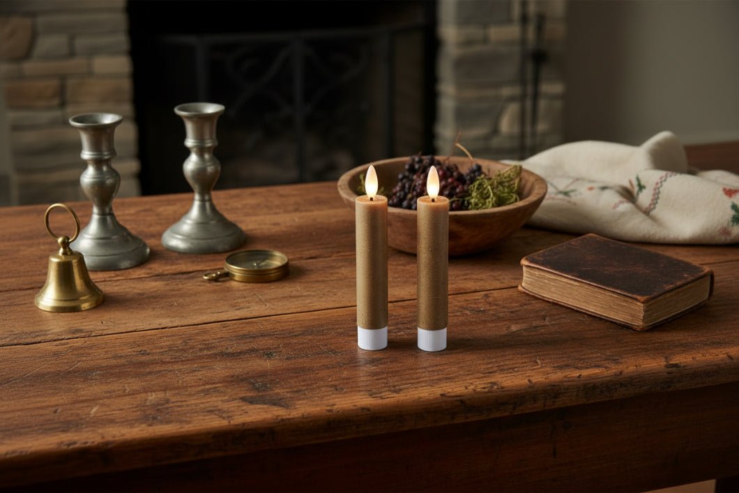 Ragon House 5.75" 3D Flame Beige Taper Candles - 2 pc Set with 6hr Timer - The Primitive Pineapple Collection