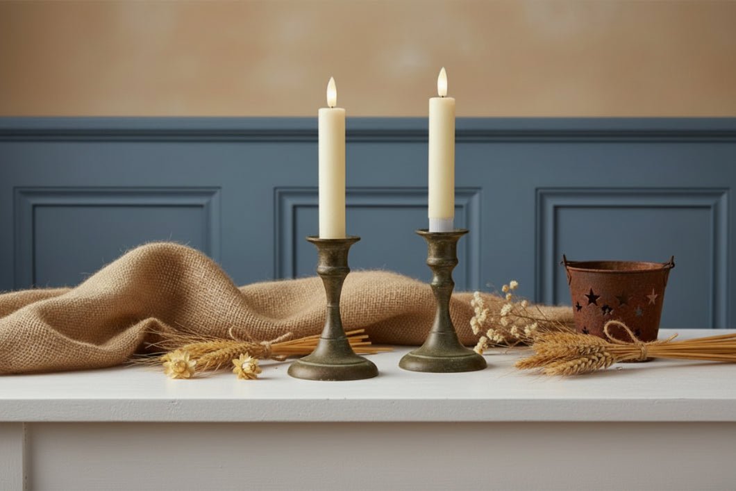 Ragon House 5.75" 3D Flame 2 pc Cream Shimmer Flicker Taper Candle 6hr timer - The Primitive Pineapple Collection