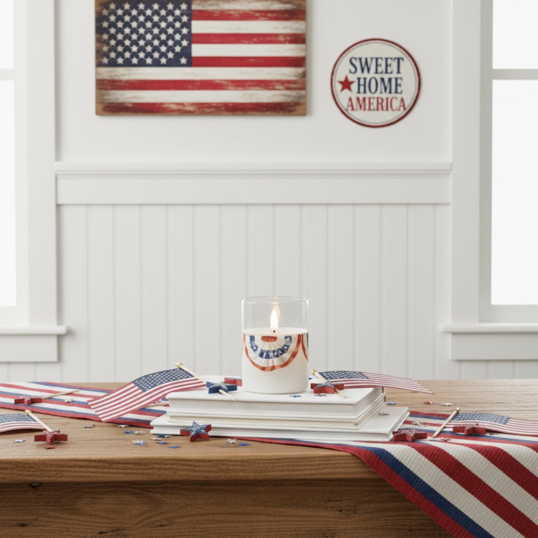 Ragon House 4" Patriotic Bunting Glass 3D Flame Candle - The Primitive Pineapple Collection