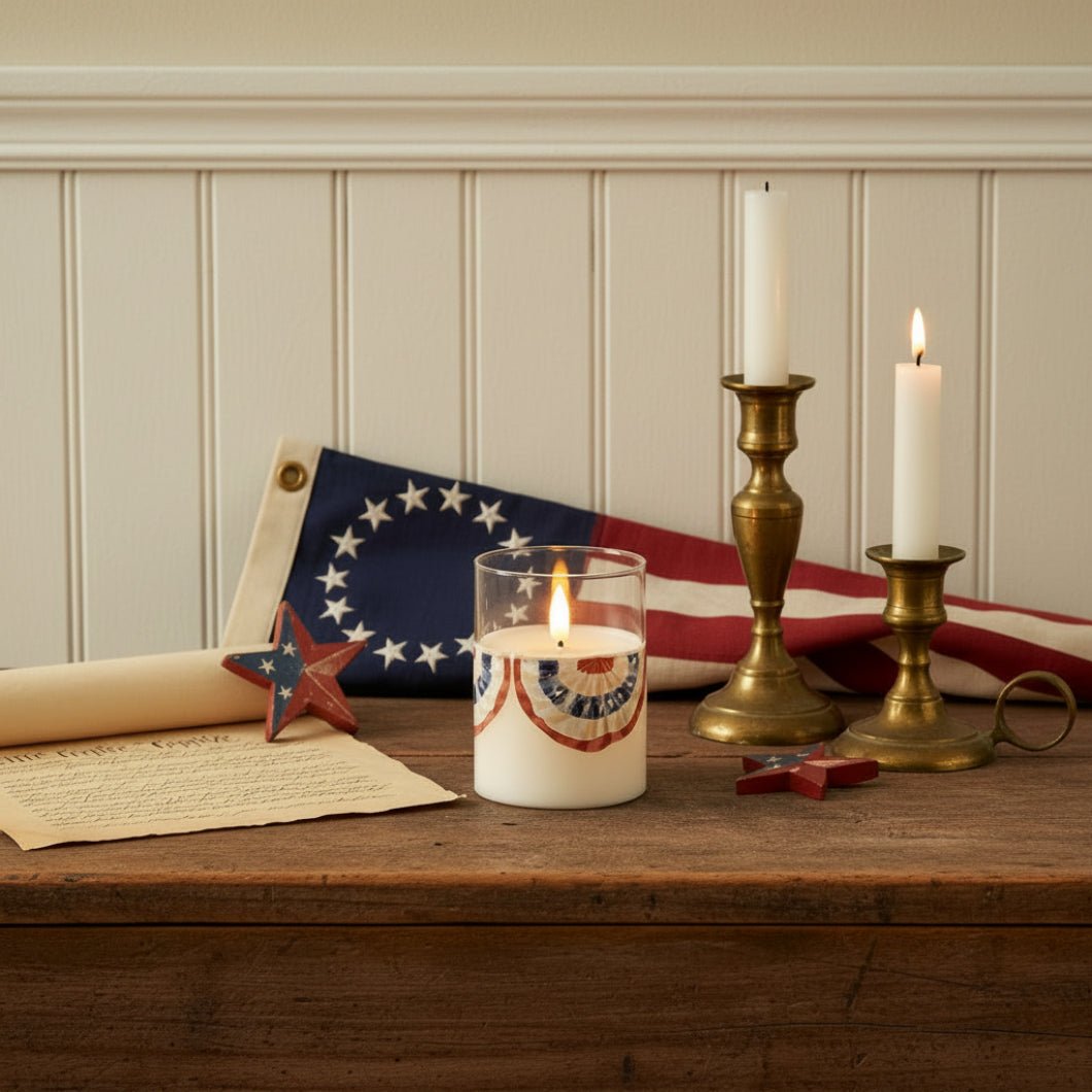 Ragon House 4" Patriotic Bunting Glass 3D Flame Candle - The Primitive Pineapple Collection