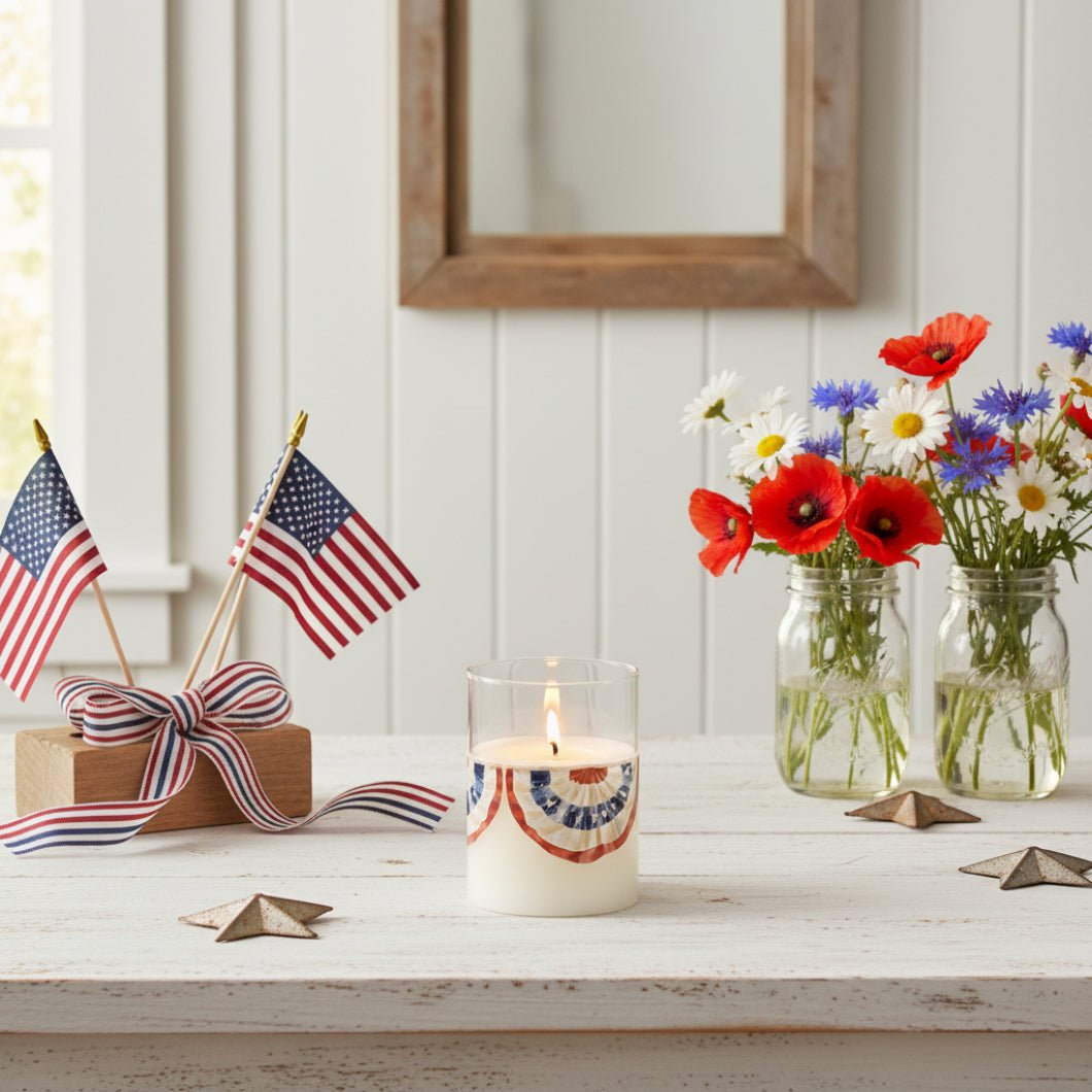 Ragon House 4" Patriotic Bunting Glass 3D Flame Candle - The Primitive Pineapple Collection