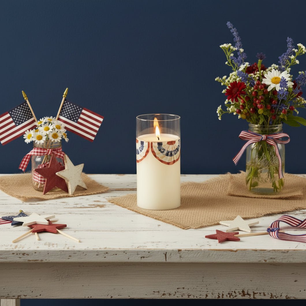Ragon House 6" Patriotic Bunting Glass 3D Flame Candle - The Primitive Pineapple Collection
