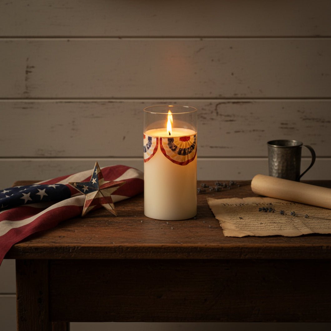 Ragon House 6" Patriotic Bunting Glass 3D Flame Candle - The Primitive Pineapple Collection