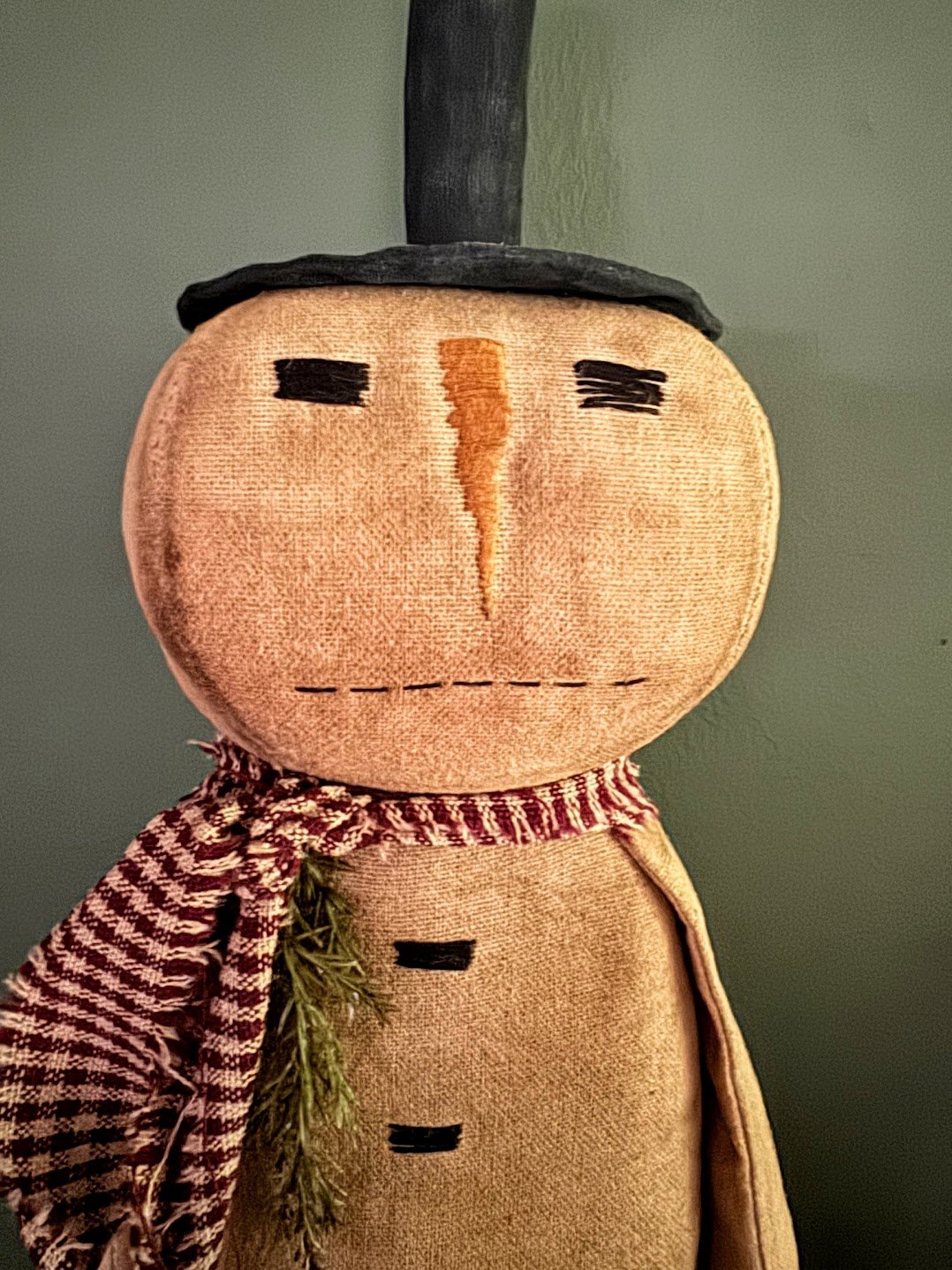 Primitive Handcrafted Folk Art Snowman w/ Red Check Scarf Doll 17" - The Primitive Pineapple Collection
