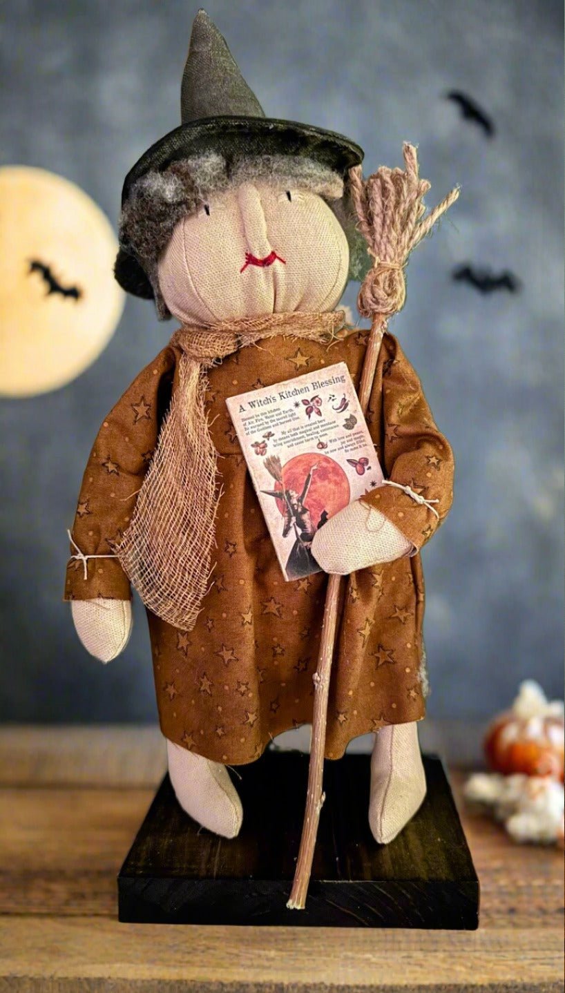 Primitive Folk Art USA Halloween Witch w/ Kitchen Blessing Sign 15" - The Primitive Pineapple Collection