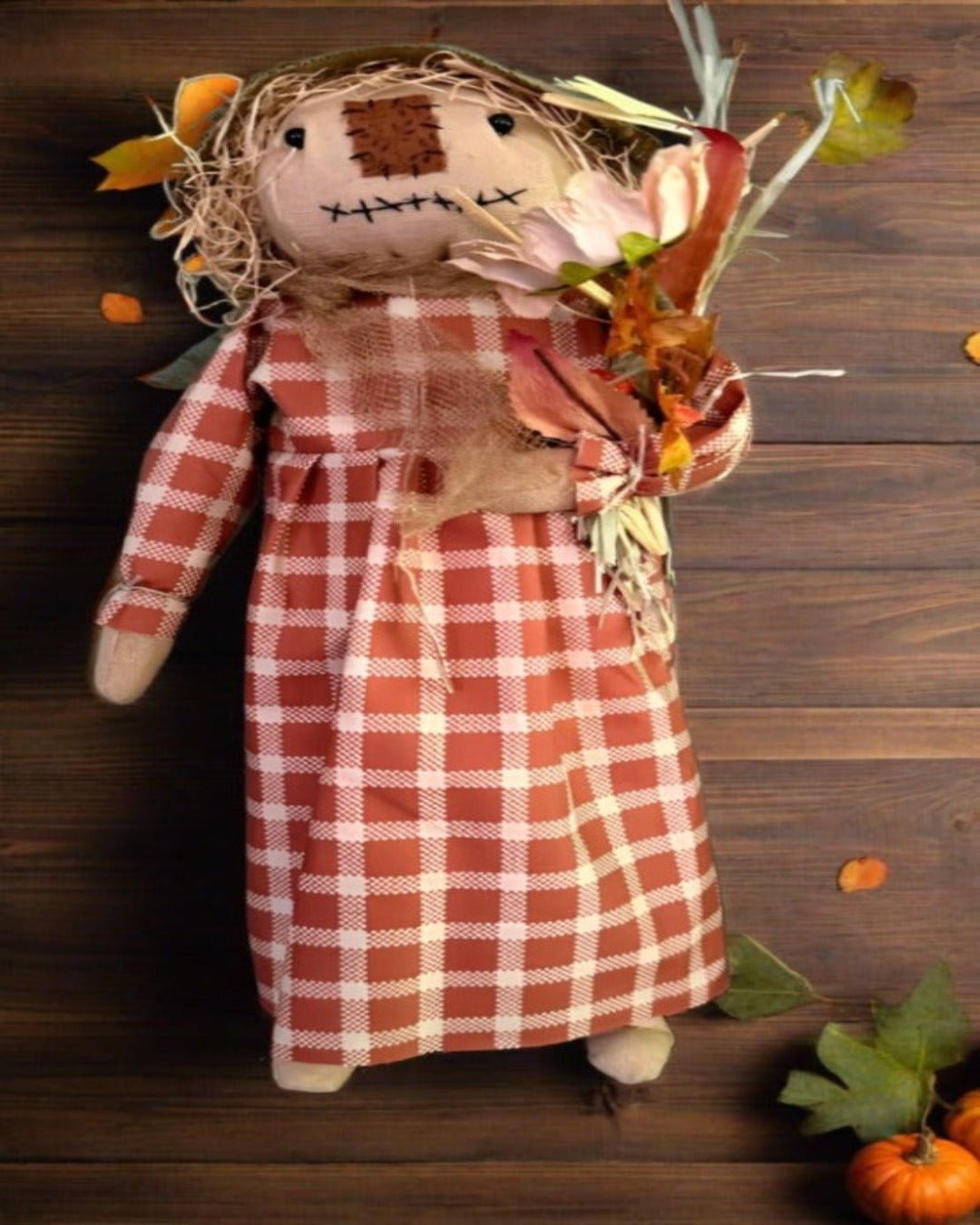 Primitive Folk Art USA Fall Girl Scarecrow on Stand w/ Orange White Dress 15" - The Primitive Pineapple Collection