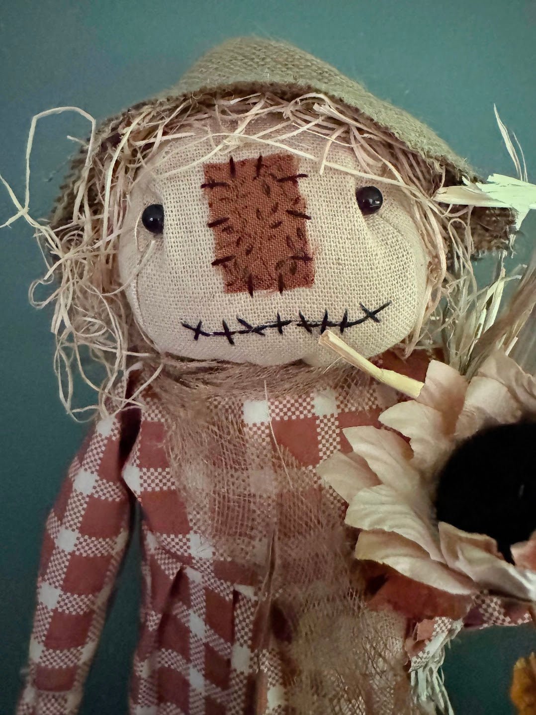 Primitive Folk Art USA Fall Girl Scarecrow on Stand w/ Orange White Dress 15" - The Primitive Pineapple Collection