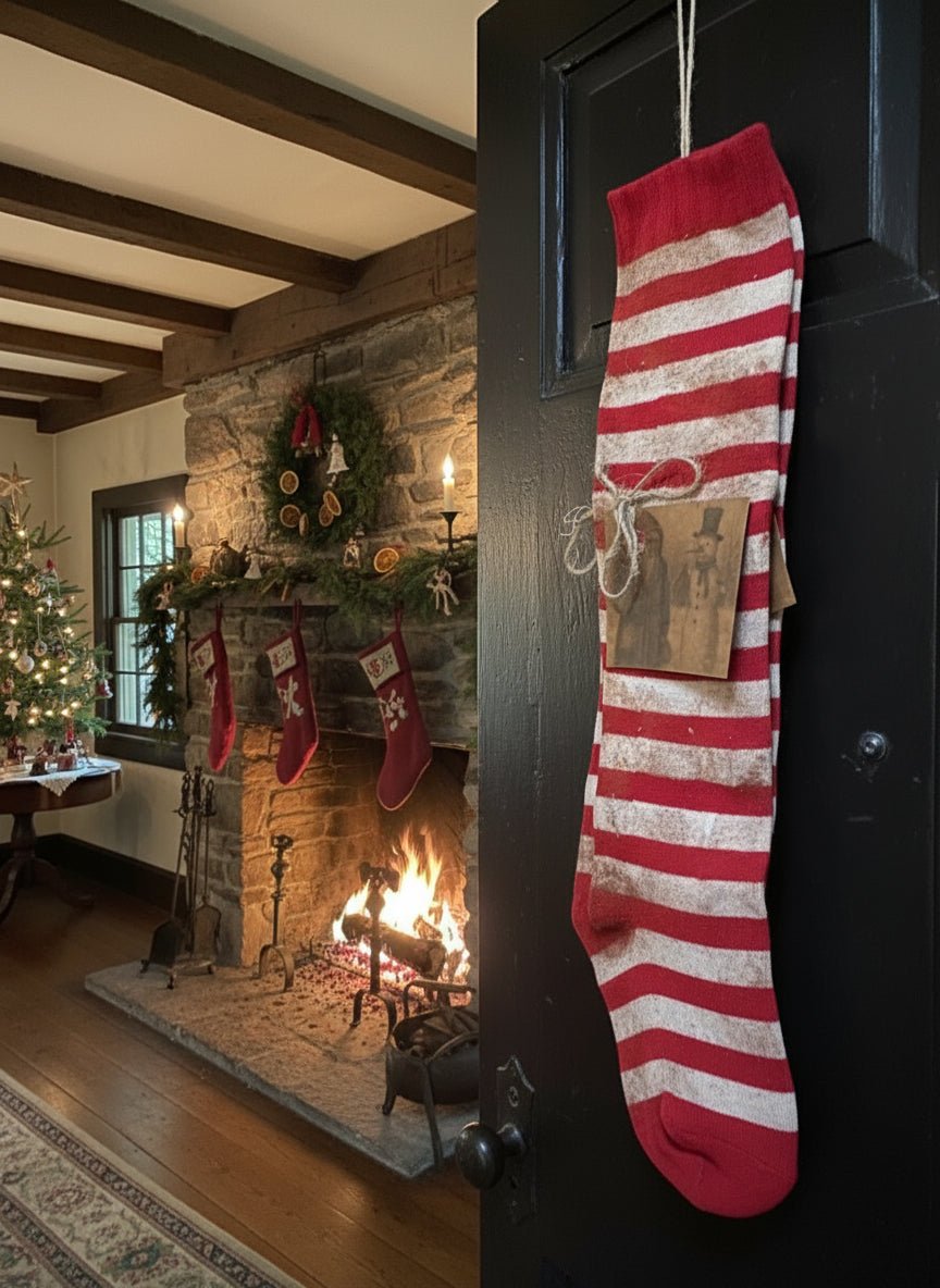 Christmas Handcrafted USA ONE Grungy Primitive Red Stocking 22" w/ Prim Tag - The Primitive Pineapple Collection