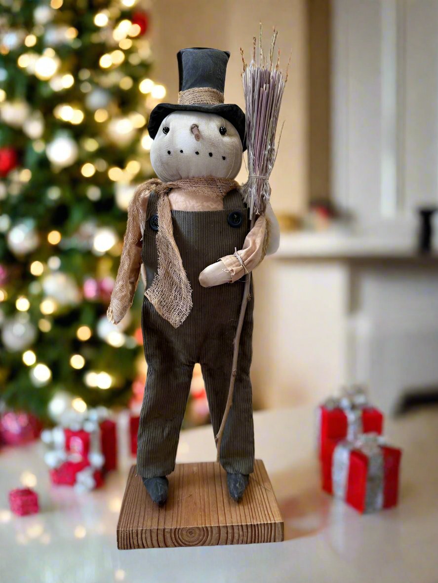 Primitive Folk Art Christmas Snowman on Stand with Broom 17" - The Primitive Pineapple Collection