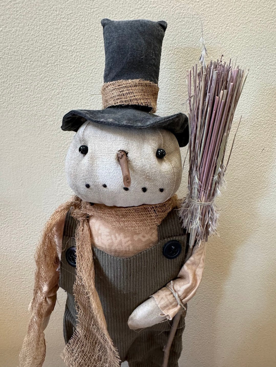 Primitive Folk Art Christmas Snowman on Stand with Broom 17" - The Primitive Pineapple Collection